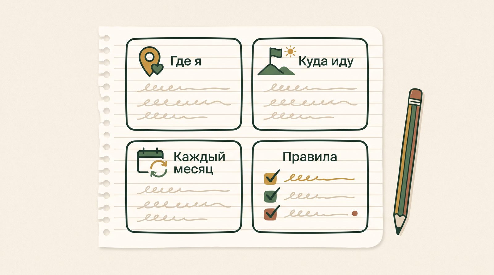 Один лист из блокнота, разделённый на четыре блока: «Где я», «Куда иду», «Каждый месяц», «Правила»