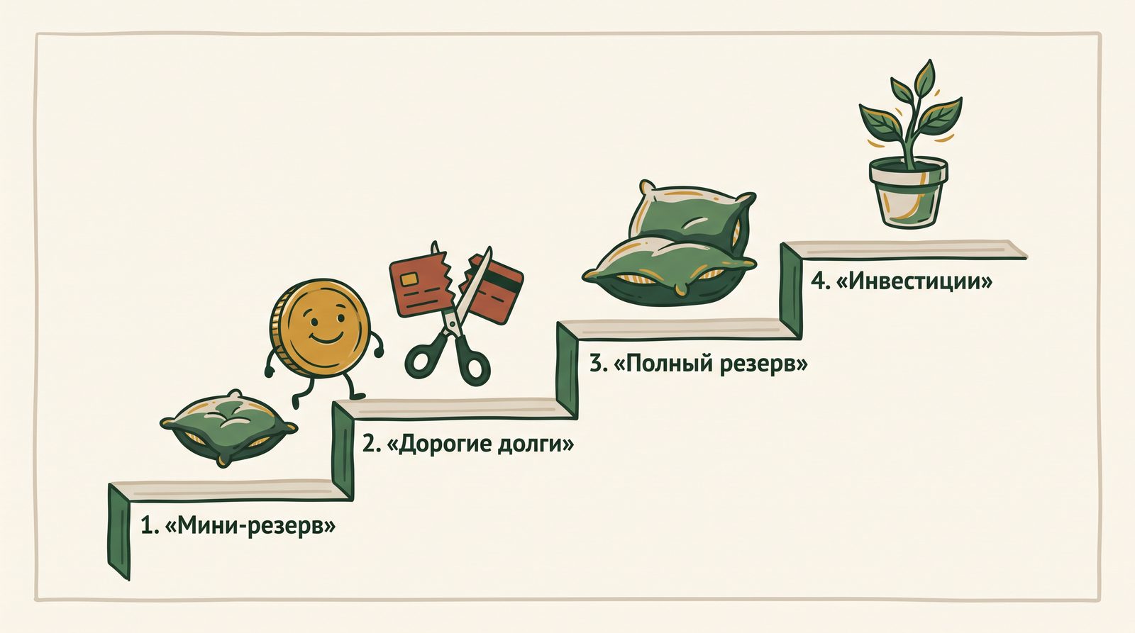Лестница из четырёх ступеней, по которой поднимается монета: «Мини-резерв», «Дорогие долги», «Полный резерв», «Инвестиции»