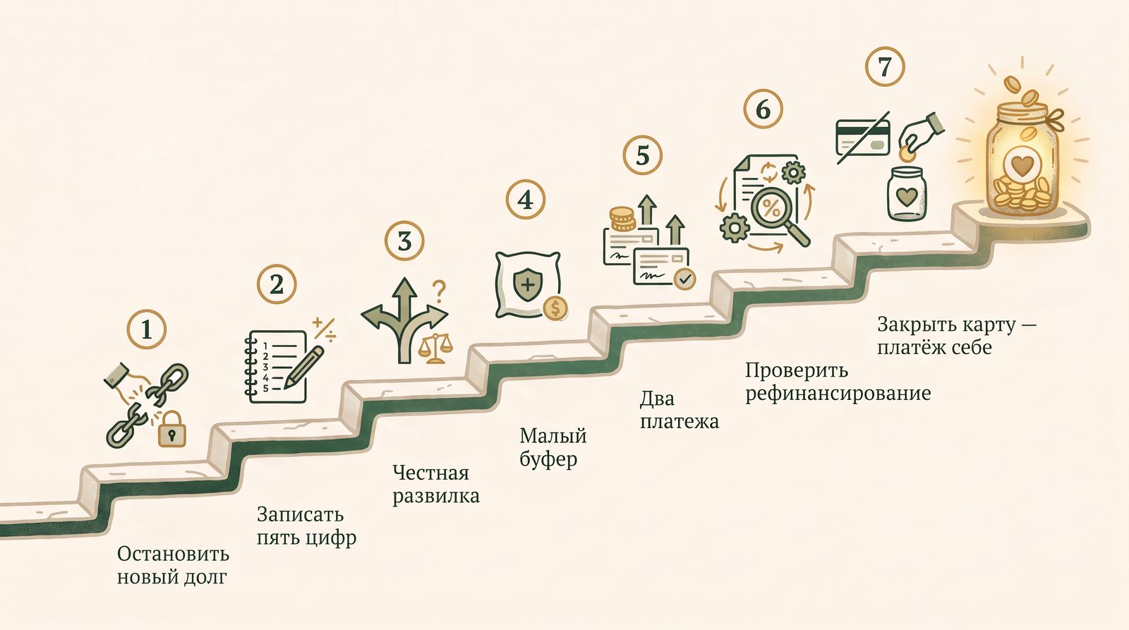 Лестница из семи ступеней: остановить новый долг, записать пять цифр, честная развилка, малый буфер, два платежа, проверить рефинансирование, закрыть карту — платёж себе; наверху светится банка с накоплениями